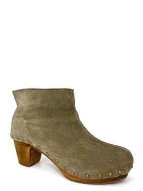Bosabo Ankle Boots Sage Green Suede Upper Wooden Sole Size 8 Shearling lined EUC
